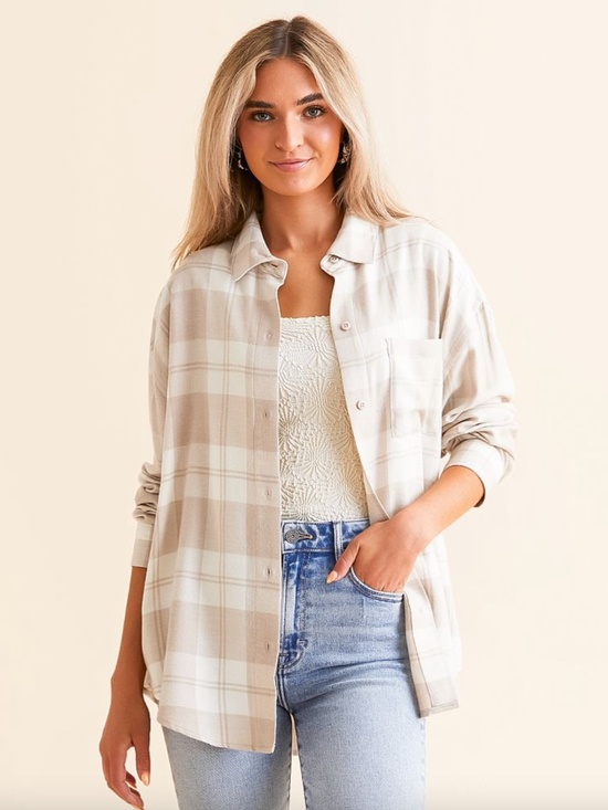 Z Supply Tops - Z Supply River Plaid Shirt in Putty, Large, Beige Cream Flannel Fall Lumberjack